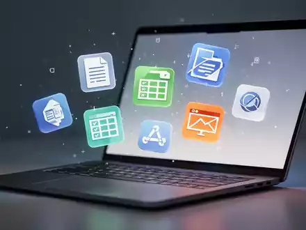 Digitale Illustration von Software-Icons wie Dokumente, Tabellen und Präsentationen, die über einer Laptop-Tastatur schweben. - Foto: über boerse-global.de