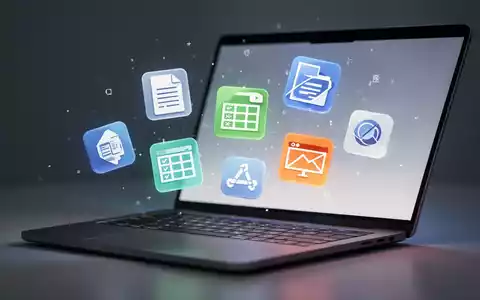 Digitale Illustration von Software-Icons wie Dokumente, Tabellen und Präsentationen, die über einer Laptop-Tastatur schweben. - Foto: über boerse-global.de