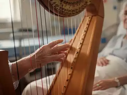 Eine Nahaufnahme der Hand eines Patienten, der sanft die Saiten einer Harfe in einer therapeutischen Umgebung berührt. - Foto: über boerse-global.de