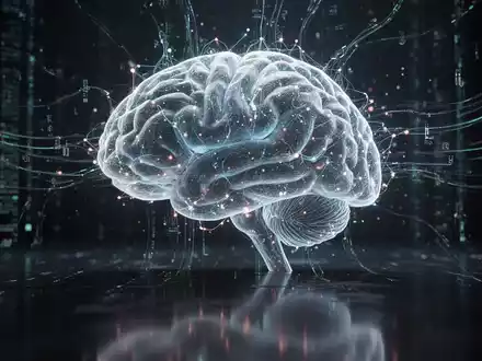 Glühende, abstrakte Darstellung eines KI-Neuronalen Netzes mit Datenströmen, gespiegelt auf dunkler Oberfläche, symbolisiert gesellschaftliche Auswirkungen. - Foto: über boerse-global.de
