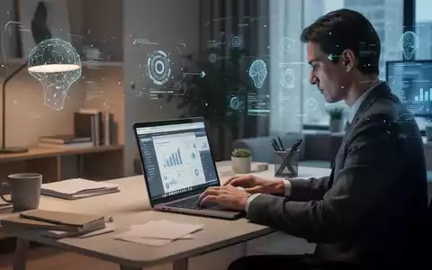 Eine Person arbeitet konzentriert am Laptop in einem modernen Homeoffice. Im Hintergrund sind schemenhaft digitale Elemente zu erkennen. - Foto: über boerse-global.de