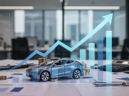 Eine stilisierte Grafik zeigt finanzielle Wachstumspfeile und Balkendiagramme, umgeben von einem Miniatur-Elektroauto und Bürogeräten. - Foto: über boerse-global.de