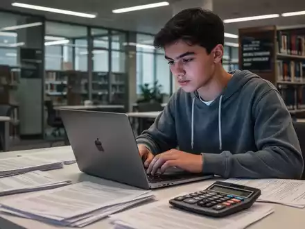 Ein junger Werkstudent arbeitet konzentriert an einem Laptop, umgeben von Gesetzbüchern und einem Taschenrechner. - Foto: über boerse-global.de
