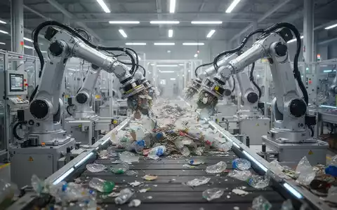 Roboterarme sortieren präzise recycelte Materialien auf einem Förderband in einer modernen, automatisierten Fabrikhalle. - Foto: über boerse-global.de