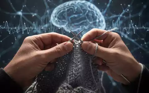 Nahaufnahme von Händen beim Stricken, mit Garn und Nadeln, im Hintergrund angedeutete neuronale Verbindungen. - Foto: über boerse-global.de