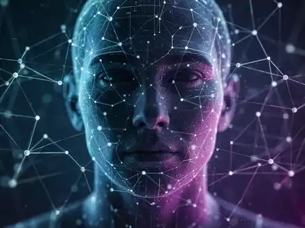 Eine abstrakte digitale Netzwerkgrafik mit leuchtenden Linien und Knoten, die über einem verschwommenen menschlichen Gesicht liegt. - Foto: über boerse-global.de