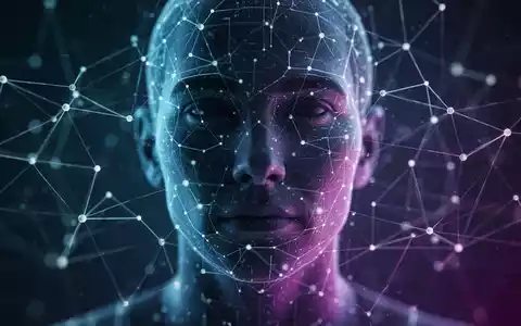 Eine abstrakte digitale Netzwerkgrafik mit leuchtenden Linien und Knoten, die über einem verschwommenen menschlichen Gesicht liegt. - Foto: über boerse-global.de