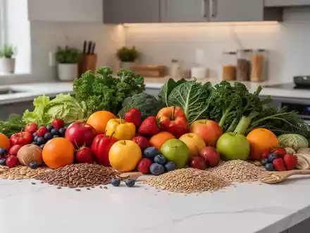 Eine vielfältige Auswahl an frischem Obst, Gemüse und Vollkornprodukten auf einer modernen Küchenarbeitsplatte. - Foto: über boerse-global.de