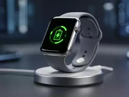 Nahaufnahme einer Apple Watch Series 9 auf einer Ladestation, Bildschirm zeigt Batteriesymbol, symbolisiert EU-Reparaturvorschriften. - Foto: über boerse-global.de