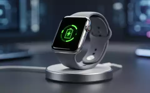 Nahaufnahme einer Apple Watch Series 9 auf einer Ladestation, Bildschirm zeigt Batteriesymbol, symbolisiert EU-Reparaturvorschriften. - Foto: über boerse-global.de