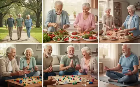 Ältere Menschen, die sich an gesunden Aktivitäten beteiligen, wie Spaziergänge, Kochen, Brettspiele und Meditation, vor einem hellen Hintergrund. - Foto: über boerse-global.de