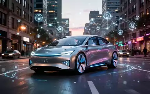 Ein elegantes, futuristisches selbstfahrendes Auto fährt in der Dämmerung durch eine Stadtstraße, digitale Linien symbolisieren Vernetzung. - Foto: über boerse-global.de