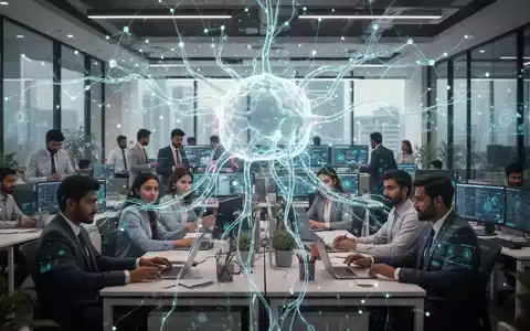 Stilisierte neuronale Netzstruktur über modernem Büro mit vielfältigen Mitarbeitern, die KI-Integration und Innovation symbolisiert. - Foto: über boerse-global.de