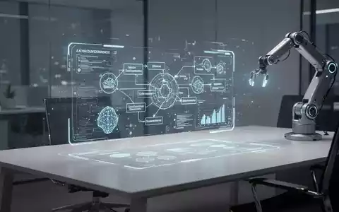 Futuristisches holografisches Interface mit komplexen Workflow-Diagrammen und Datenvisualisierungen auf einem Schreibtisch, symbolisiert KI-Automatisierung. - Foto: über boerse-global.de