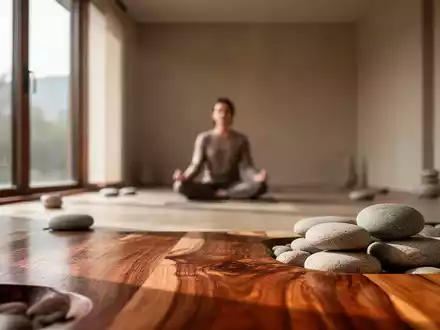Ein ruhiger Meditationsraum mit weichem Licht, Naturmaterialien und einer verschwommenen Person in meditativer Pose. - Foto: über boerse-global.de