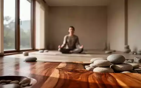 Ein ruhiger Meditationsraum mit weichem Licht, Naturmaterialien und einer verschwommenen Person in meditativer Pose. - Foto: über boerse-global.de