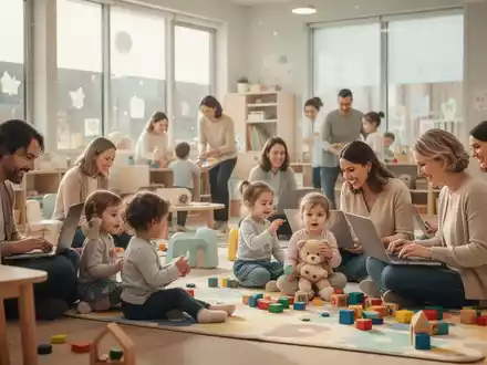 Eltern und Kinder in einer modernen Kindertagesstätte, die Arbeit und Familienleben in Einklang bringen. - Foto: über boerse-global.de
