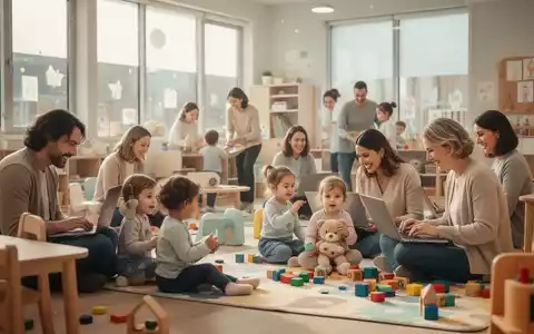 Eltern und Kinder in einer modernen Kindertagesstätte, die Arbeit und Familienleben in Einklang bringen. - Foto: über boerse-global.de