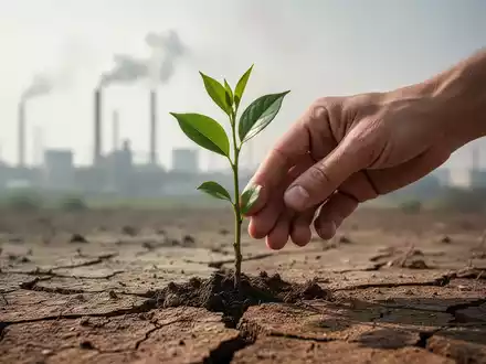 Eine Hand pflanzt einen kleinen grünen Setzling in trockene, rissige Erde, mit einer verschwommenen Industrielandschaft im Hintergrund. - Foto: über boerse-global.de