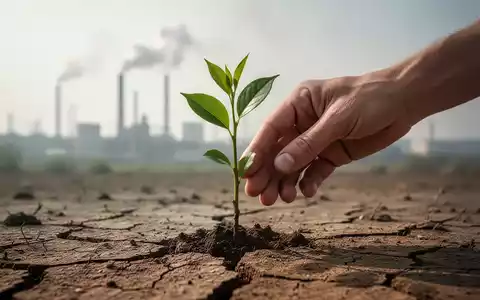 Eine Hand pflanzt einen kleinen grünen Setzling in trockene, rissige Erde, mit einer verschwommenen Industrielandschaft im Hintergrund. - Foto: über boerse-global.de