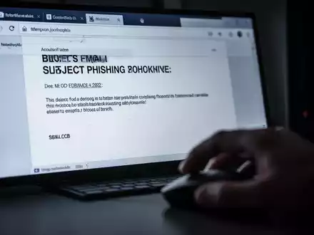 Ein Computerbildschirm zeigt eine Phishing-E-Mail mit einer Warnung zu Sicherheitsrichtlinien-Updates, eine Hand greift nach einer Maus. - Foto: über boerse-global.de