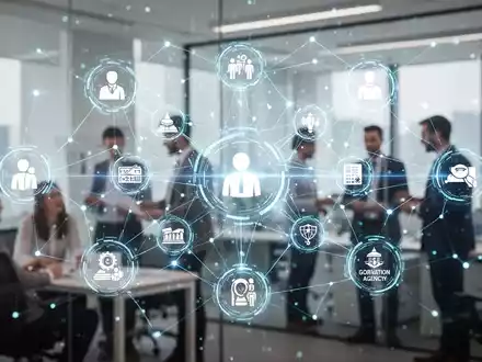 Digitale Vernetzung visualisiert mit leuchtenden Linien und Symbolen, die Arbeitsuchende, Unternehmen und Behörden verbinden. - Foto: über boerse-global.de