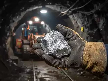 Nahaufnahme einer Hand, die ein Stück Roherz vor dem Hintergrund einer Mine hält. - Foto: über boerse-global.de