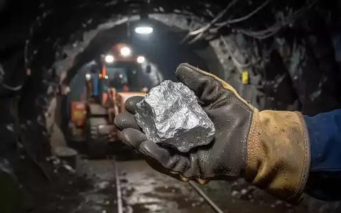 Nahaufnahme einer Hand, die ein Stück Roherz vor dem Hintergrund einer Mine hält. - Foto: über boerse-global.de