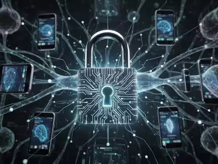 Digitales Vorhängeschloss über einem Netzwerk aus mobilen Geräten und KI-Nervenbahnen, symbolisiert mobile und KI-Anwendungssicherheit. - Foto: über boerse-global.de