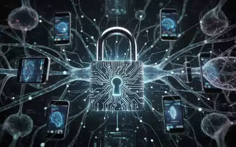 Digitales Vorhängeschloss über einem Netzwerk aus mobilen Geräten und KI-Nervenbahnen, symbolisiert mobile und KI-Anwendungssicherheit. - Foto: über boerse-global.de