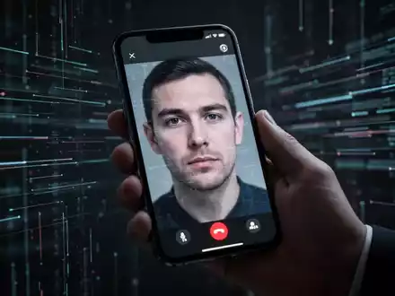 Eine Hand hält ein Smartphone, das einen verdächtigen Videoanruf mit einem unscharfen Gesicht und digitalen Störungen anzeigt, im Hintergrund abstrakte Datenströme. - Foto: über boerse-global.de