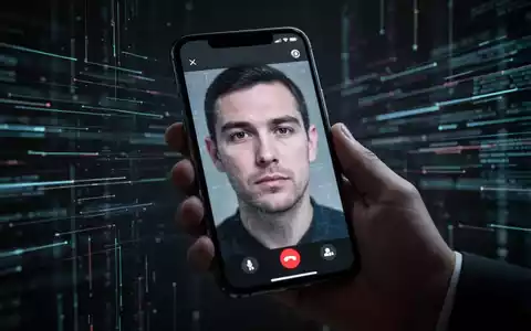 Eine Hand hält ein Smartphone, das einen verdächtigen Videoanruf mit einem unscharfen Gesicht und digitalen Störungen anzeigt, im Hintergrund abstrakte Datenströme. - Foto: über boerse-global.de