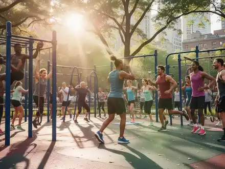 Verschiedene Menschen trainieren in einem belebten Stadtpark mit kostenlosen Fitnessgeräten und nehmen an einem Gruppenkurs teil. - Foto: über boerse-global.de