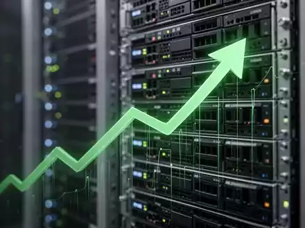 Ein stilisierter, nach oben zeigender Pfeilgraph in Grün über einem verschwommenen Server-Rack, der positives Cashflow-Wachstum darstellt. - Foto: über boerse-global.de