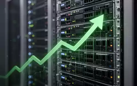 Ein stilisierter, nach oben zeigender Pfeilgraph in Grün über einem verschwommenen Server-Rack, der positives Cashflow-Wachstum darstellt. - Foto: über boerse-global.de