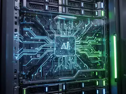 Zukunftssicherer Server-Rack mit blauen und grünen Leuchten, die fortschrittliche KI-Hardware und Rechenzentren darstellen. - Foto: über boerse-global.de