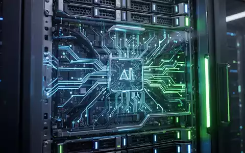 Zukunftssicherer Server-Rack mit blauen und grünen Leuchten, die fortschrittliche KI-Hardware und Rechenzentren darstellen. - Foto: über boerse-global.de