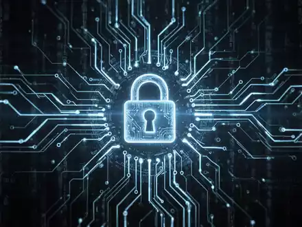 Abstrakte Darstellung digitaler Sicherheit mit leuchtenden blauen Linien, Schaltkreismustern und einem stilisierten Schloss-Symbol. - Foto: über boerse-global.de