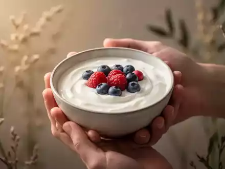 Hände halten eine Schale Joghurt mit Beeren, im Hintergrund verschwommene Pflanzen. Symbolisiert natürliche Heilmittel und Darmgesundheit. - Foto: über boerse-global.de