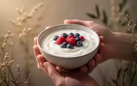 Hände halten eine Schale Joghurt mit Beeren, im Hintergrund verschwommene Pflanzen. Symbolisiert natürliche Heilmittel und Darmgesundheit. - Foto: über boerse-global.de