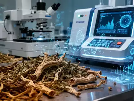 Traditionelle chinesische Heilkräuter werden von moderner Labortechnik, wie einem Massenspektrometer, analysiert, mit digitalen Datenvisualisierungen. - Foto: über boerse-global.de