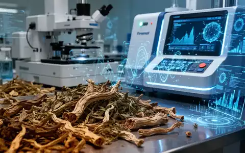 Traditionelle chinesische HeilkrĂ€uter werden von moderner Labortechnik, wie einem Massenspektrometer, analysiert, mit digitalen Datenvisualisierungen. - Foto: ĂŒber boerse-global.de