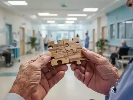 Nahaufnahme der Hände einer älteren Person, die ein einfaches Holzpuzzle hält, im Hintergrund verschwommen ein modernes Gemeindezentrum. - Foto: über boerse-global.de