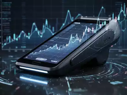 Ein modernes Kreditkartenterminal mit digitaler Anzeige und einem stilisierten Finanzdiagramm im Hintergrund. Die Szene strahlt Präzision aus. - Foto: über boerse-global.de