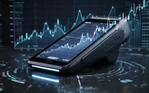 Ein modernes Kreditkartenterminal mit digitaler Anzeige und einem stilisierten Finanzdiagramm im Hintergrund. Die Szene strahlt Präzision aus. - Foto: über boerse-global.de