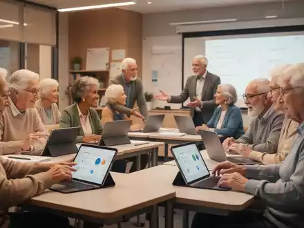 Senioren nehmen an einem Volkshochschulkurs teil, nutzen Tablets und interagieren, symbolisch für digitale Bildung und neue Anfänge. - Foto: über boerse-global.de