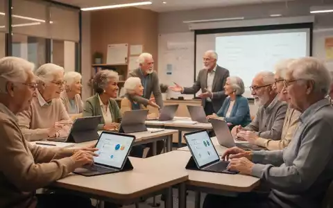 Senioren nehmen an einem Volkshochschulkurs teil, nutzen Tablets und interagieren, symbolisch für digitale Bildung und neue Anfänge. - Foto: über boerse-global.de
