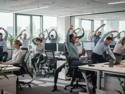 Büroangestellte machen leichte Dehnübungen an ihren ergonomischen Schreibtischen in einem modernen, hellen Grossraumbüro. - Foto: über boerse-global.de