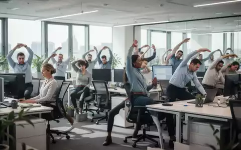 Büroangestellte machen leichte Dehnübungen an ihren ergonomischen Schreibtischen in einem modernen, hellen Grossraumbüro. - Foto: über boerse-global.de