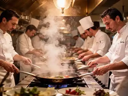 Ein geschäftiger Restaurantküche mit Köchen, die bei intensiver Hitze arbeiten, Dampf steigt aus Pfannen auf und Schweiß ist sichtbar. - Foto: über boerse-global.de